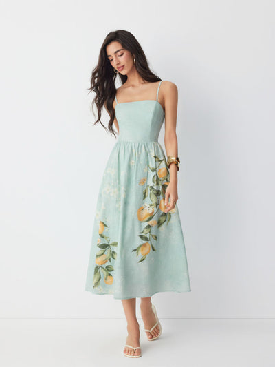 Cotton Fruit Graphic Square Neck Shirred Flared Cami Maxi Dress