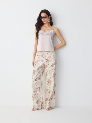 Cotton-blend Mid Rise Floral Wide Leg Long Trousers