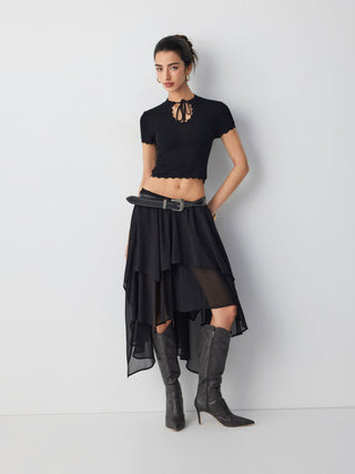 Knit Tie Front Bow Lettuce Trim Short Sleeve Top