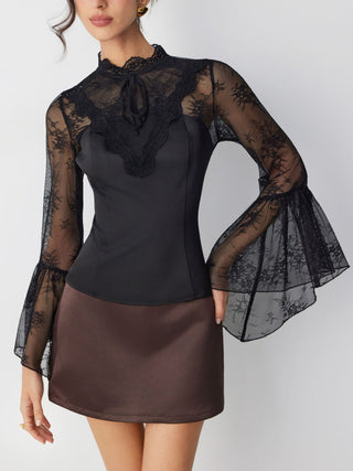 Satin Lace Mandarin Coller Flare Sleeve Layered Top