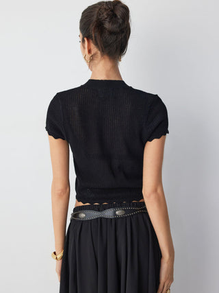 Knit Tie Front Bow Lettuce Trim Short Sleeve Top