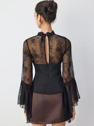 Satin Lace Mandarin Coller Flare Sleeve Layered Top