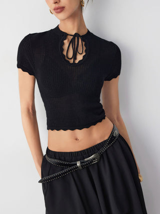 Knit Tie Front Bow Lettuce Trim Short Sleeve Top