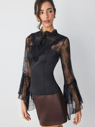 Satin Lace Mandarin Coller Flare Sleeve Layered Top