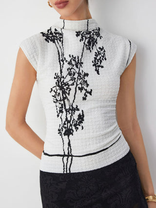 Textured Bamboo Leaf Graphic Stand Collar Sleeveless Tank Top