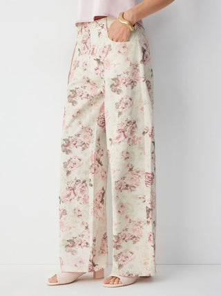 Cotton-blend Mid Rise Floral Wide Leg Long Trousers