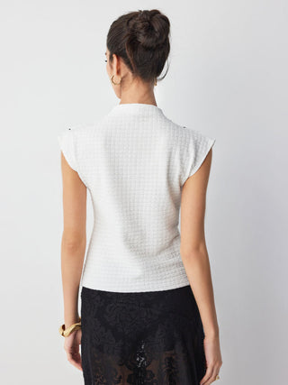 Textured Bamboo Leaf Graphic Stand Collar Sleeveless Tank Top