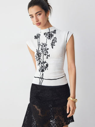 Textured Bamboo Leaf Graphic Stand Collar Sleeveless Tank Top