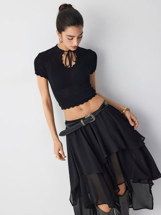 Knit Tie Front Bow Lettuce Trim Short Sleeve Top