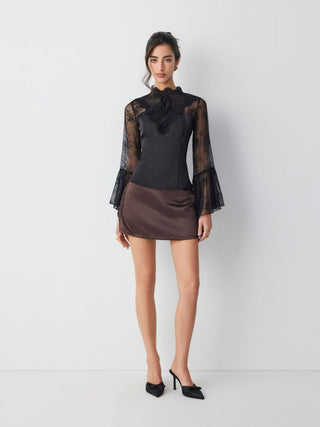 Satin Lace Mandarin Coller Flare Sleeve Layered Top