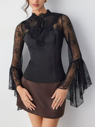 Satin Lace Mandarin Coller Flare Sleeve Layered Top