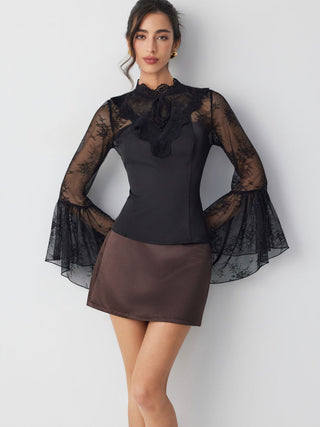 Satin Lace Mandarin Coller Flare Sleeve Layered Top