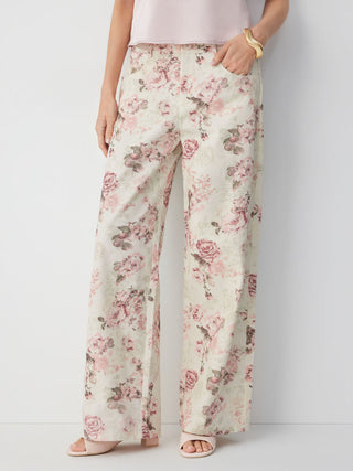 Cotton-blend Mid Rise Floral Wide Leg Long Trousers