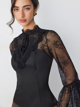 Satin Lace Mandarin Coller Flare Sleeve Layered Top