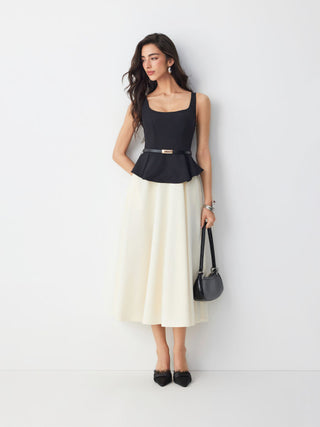 Cotton-blend Color-block Square Neck Peplum A-line Maxi Dress With Belt