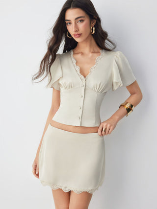 Satin Lace Trim Bell Sleeve Top & Mid Rise Mini Skirt Set