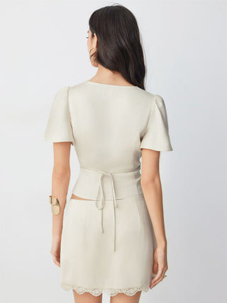 Satin Lace Trim Bell Sleeve Top & Mid Rise Mini Skirt Set