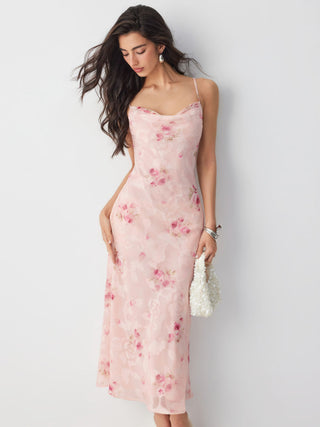 Floral Cowl Neck Lace Up Corset Mermaid Maxi Dress