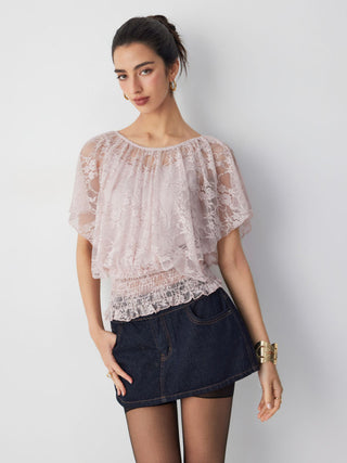 Lace Boat Neck Shirred Short Sleeve Ruffle Hem Top