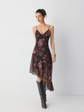 Mesh Floral V-neck Lace Trim Asymmetrical Hem A-line Midi Dress