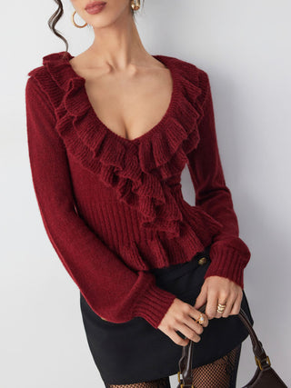 Knit V-neck Ruffled Peplum Hem Long Sleeve Sweater