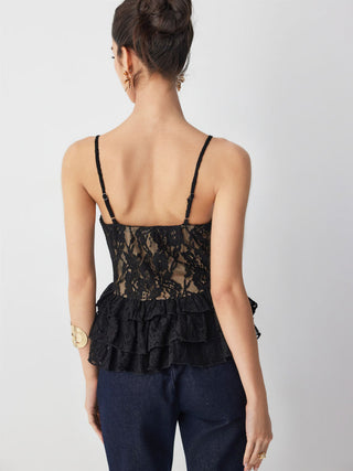 Lace Graphic V-neck Peplum Hem Cami Top