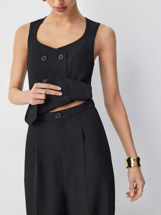 Square Neck Button Detail Mid Rise Straight Leg Jumpsuit
