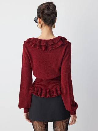 Knit V-neck Ruffled Peplum Hem Long Sleeve Sweater
