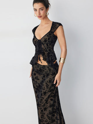 Flocked Mesh Floral Tie Front Top & Mid Rise Midi Skirt Set