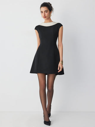 Colorblock Boat Neck Backless Bowknot A-line Mini Dress