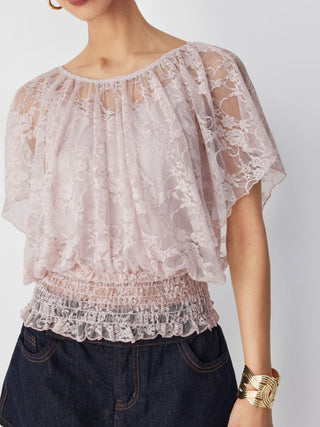 Lace Boat Neck Shirred Short Sleeve Ruffle Hem Top