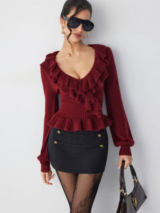 Knit V-neck Ruffled Peplum Hem Long Sleeve Sweater