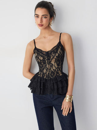 Lace Graphic V-neck Peplum Hem Cami Top