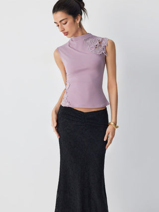 Cotton-blend Stand Collar Lace Panel Tank Top