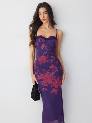 Mesh Floral Graphic V-neck Lace Trim Lace Up Straight Maxi Dress