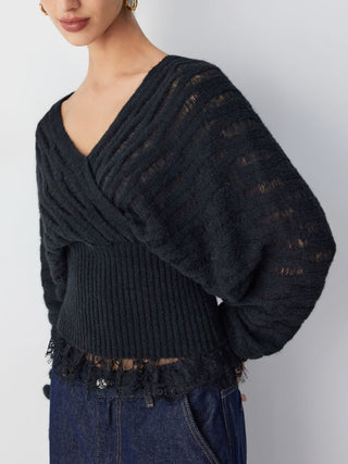 Knit Wool-blend V-neck Surplice Lace Trim Long Sleeve Sweater