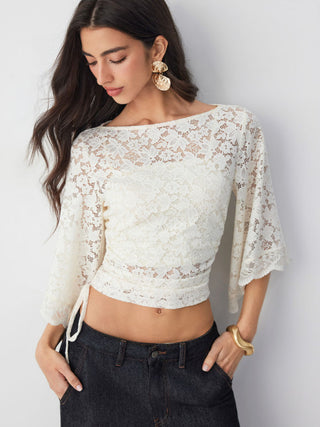 Lace Boat Neck Bell Sleeve Drawstring Tee