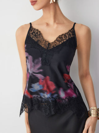 Mesh Floral Graphic V-neck Lace Panel Cami Top