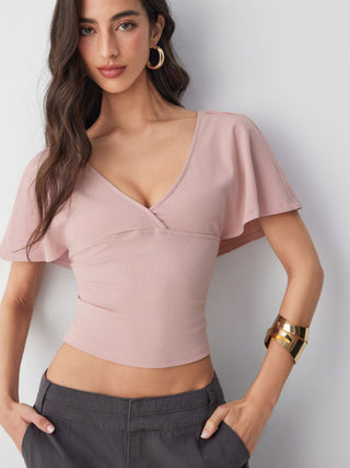 Cotton-blend V-neck Surplice Bell Sleeve Top