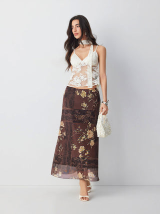 Mesh Mid Rise Floral Graphic Lettuce Trim Midi Skirt