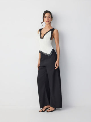 Satin V-neck Contrasting Lace Hanky Hem Top & Mid Rise Wide Leg Trousers Set