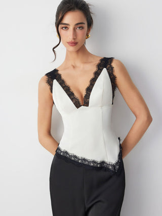 Satin V-neck Contrasting Lace Hanky Hem Top & Mid Rise Wide Leg Trousers Set
