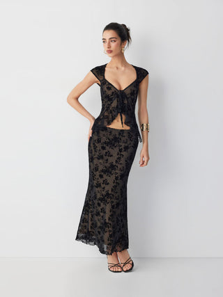 Flocked Mesh Floral Tie Front Top & Mid Rise Midi Skirt Set