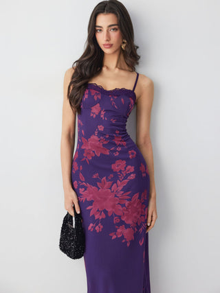 Mesh Floral Graphic V-neck Lace Trim Lace Up Straight Maxi Dress