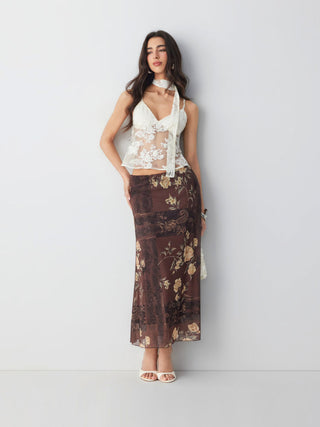 Mesh Mid Rise Floral Graphic Lettuce Trim Midi Skirt