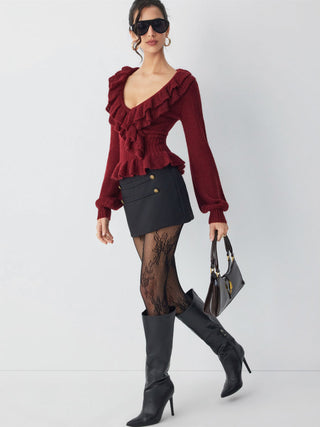 Knit V-neck Ruffled Peplum Hem Long Sleeve Sweater