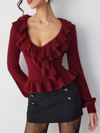 Knit V-neck Ruffled Peplum Hem Long Sleeve Sweater