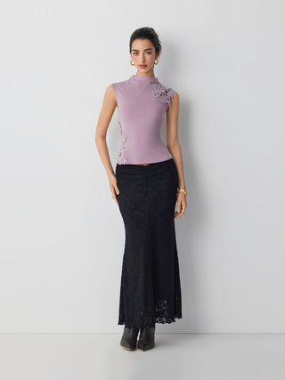Cotton-blend Stand Collar Lace Panel Tank Top