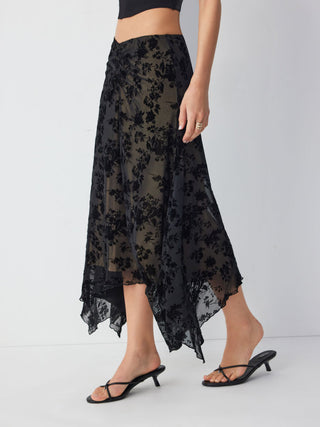 Mesh Mid Rise Floral Hanky Hem A-Line Midi Skirt