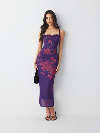 Mesh Floral Graphic V-neck Lace Trim Lace Up Straight Maxi Dress
